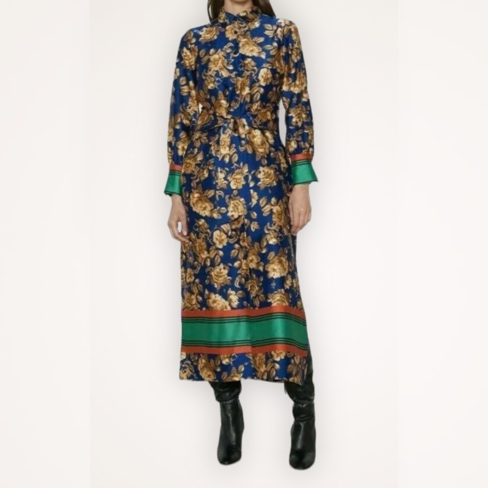 Zara Womens Navy Blue‎ & Gold Floral Print Button Up Midi Dress Women Size XS